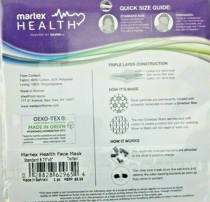 2-Pack Martex Health Washable Standard Size Face Mask SILVERBAC ANTIMICROBIAL