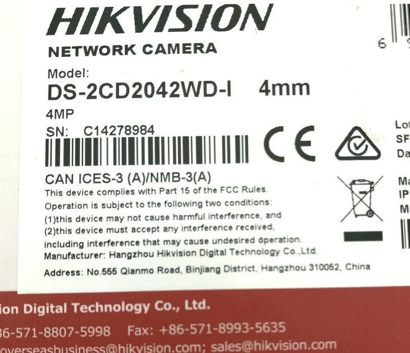 Hikvision DS-2CD2042WD-I IR Mini Bullet Network Camera 4mm 4MP 1080p HD PoE