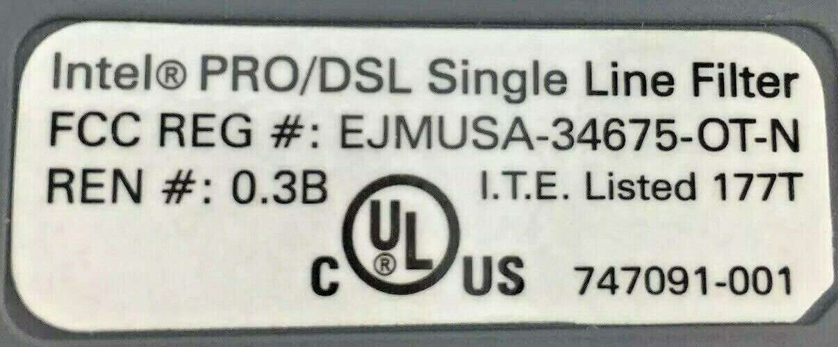 Intel 747091-001 PRO/DSL Single Line Filter REN #: 0.3B I.T.E. Listed 177T