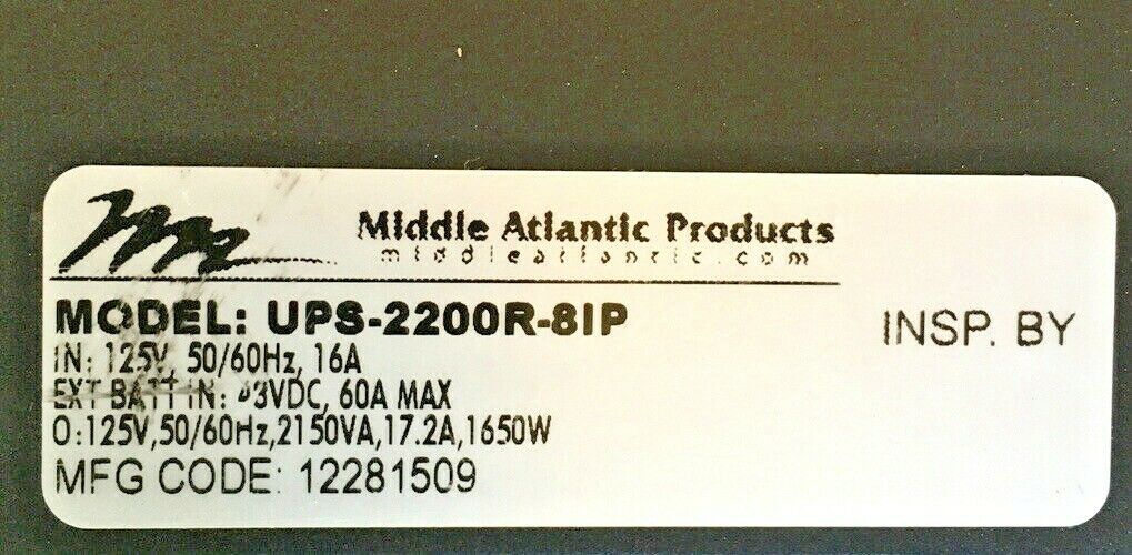 Middle Atlantic UPS-2200R-8IP Uninterruptible Power Supply Rack Mount Networked