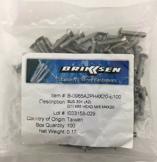 Brikksen B-0965A2PH4X20-B100 Phillips head M4x20mm fastener bolt lot of 100