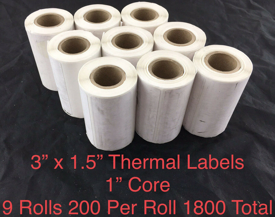 Lot of 9 Thermal Printer 3x1.5" Labels 200 Per Roll 1" Core 1800 Total for Zebra