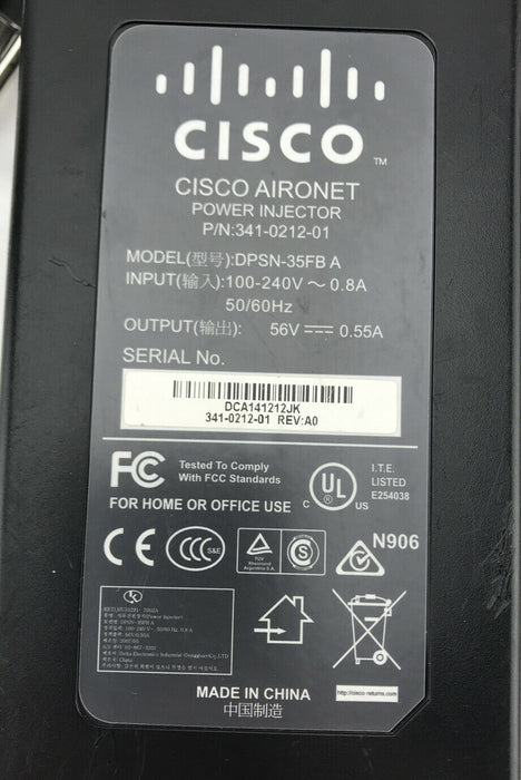 Cisco DPSN-35FBA DC56V 0.55A POE Midspan Ethernet Power Injector 341-0212-01