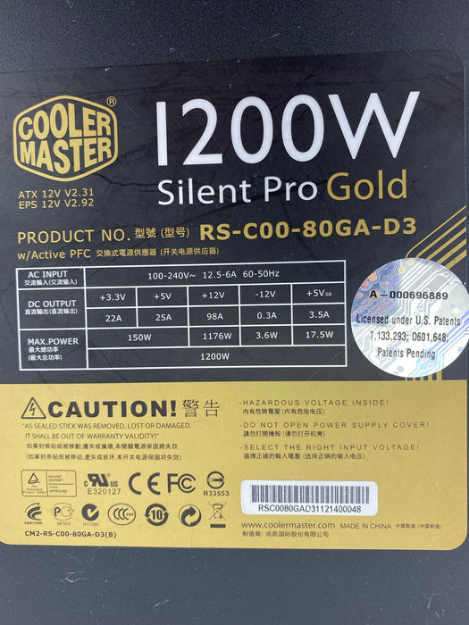 Cooler Master Silent Pro Gold 80 Plus Gold 1200W Computer PSU Power Supply