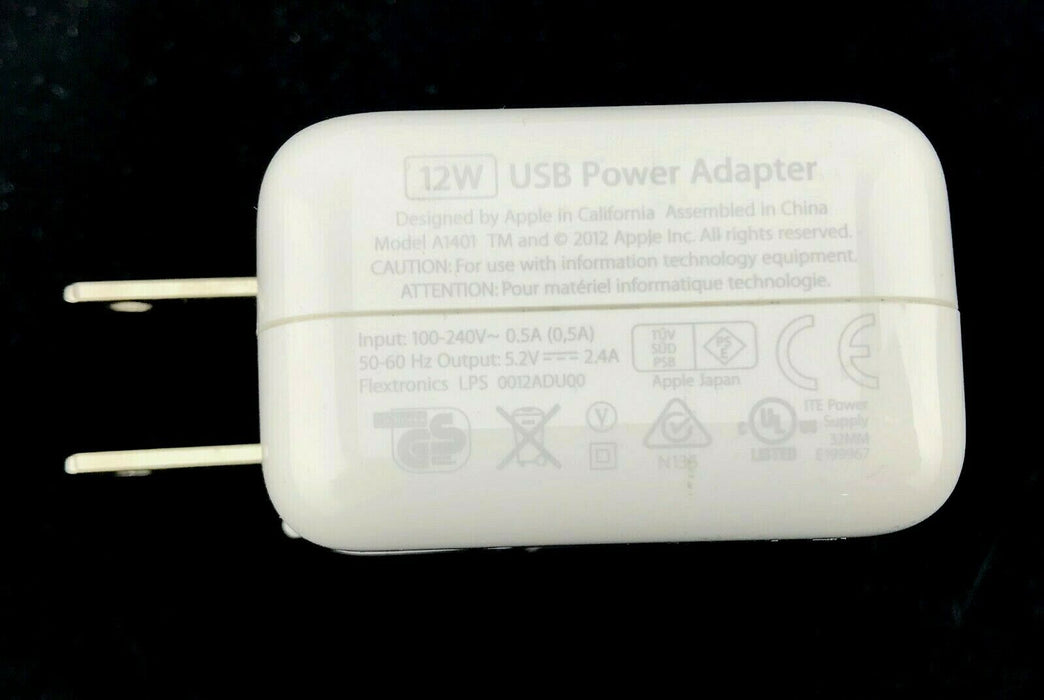 Genuine Apple iPad iPhone 2.4A 12W USB Wall Charger Plug A1401 Universal Power