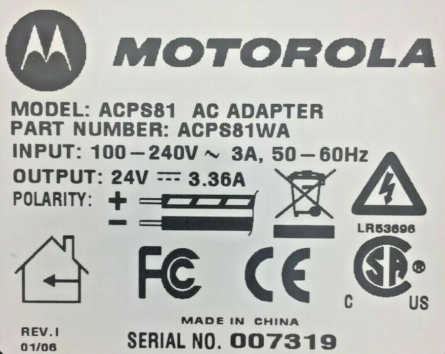 Motorola ACPS81 AC Adapter ACPS81WA 100-240v ~ 3A 50-60Hz Input 24V 3.36A Output