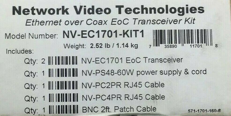NVT Phybridge NV-EC1701-KIT1 EOC Ethernet-Over-Coax POE Kit Coax to IP