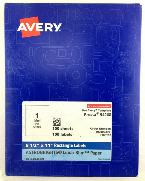 8-1/2" x 11" Blank Labels 1 Per Sheet / 100 Sheets ASTROBRIGHTS Lunar Blue Paper