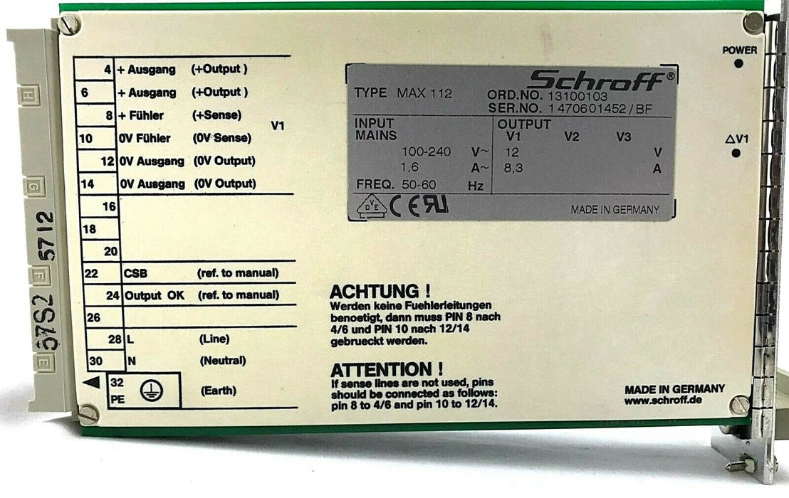 Schroff MAX 112 13100103 Blade Power Supply Axis Encoders 0192-001 Made Germany
