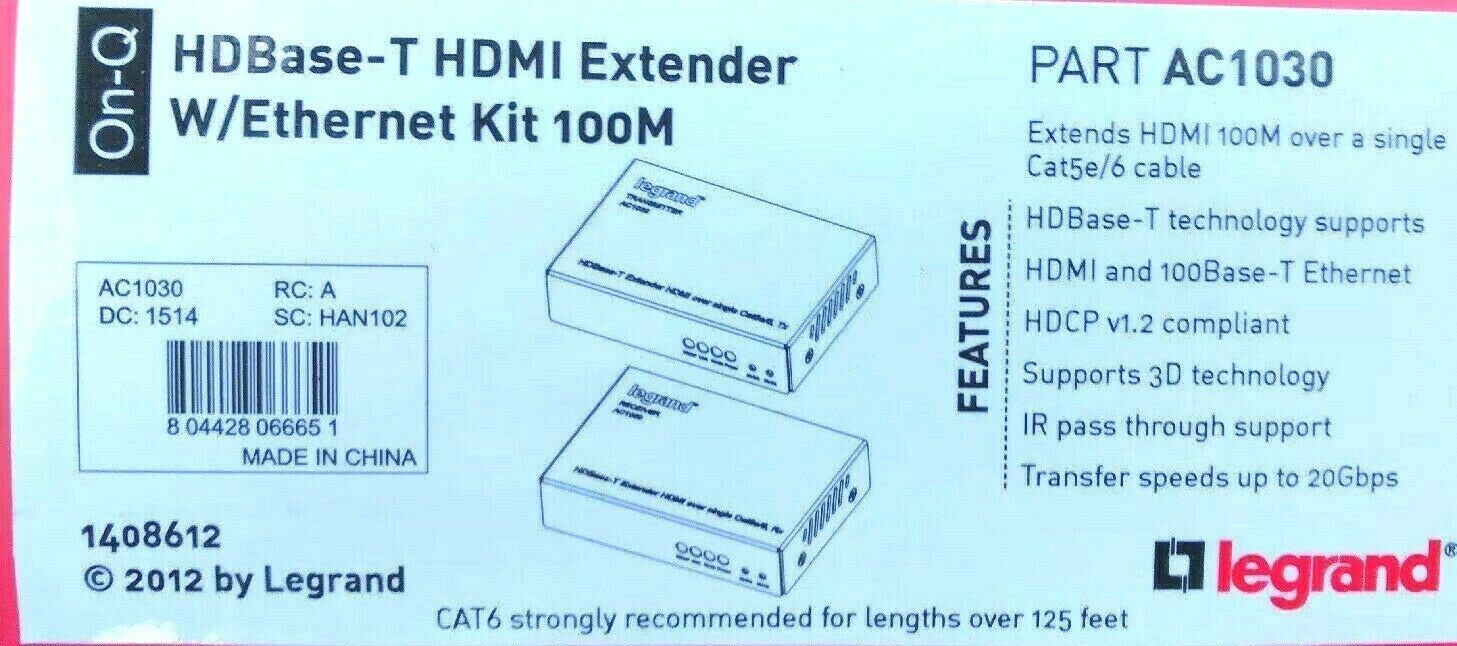 Legrand On-Q AC1030 HDBaseT HDMI Extender w/ Ethernet Kit 300ft 20Gbps IR