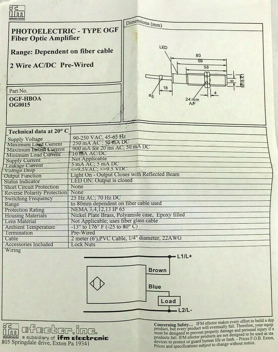 Efector OG0015 Fiber Optic Amplifier OGF-HBOA/90-250V Photoelectric Sensor  NIB