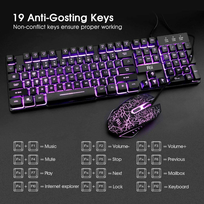 Rii Gaming Keyboard and Mouse Combo Colorful LED Backlit Multimedia RK108 RM108