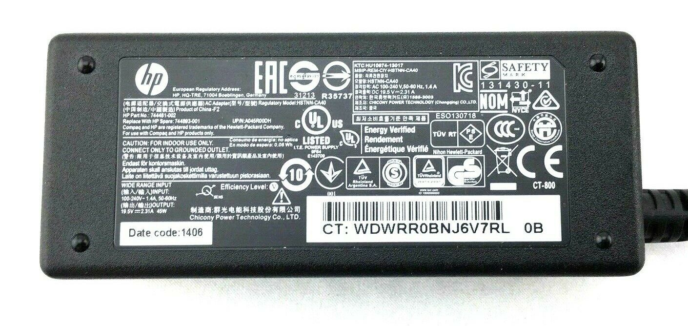 Genuine OEM HP 19.5V 2.31A AC-Adapter Charger 744481-002 HSTNN-CA40 EliteBook