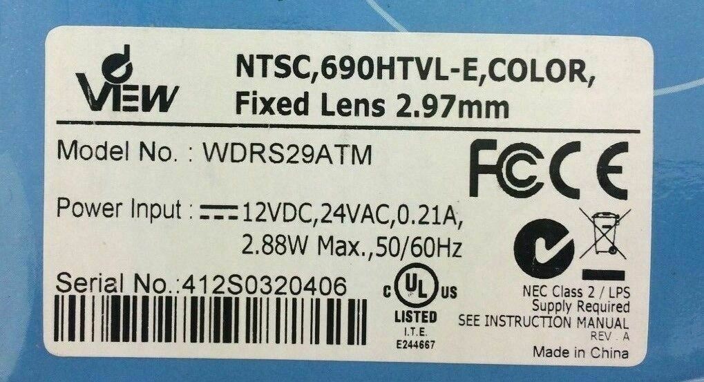 DeView WDRS29ATM 690HTVL-E HDR Hidden ATM Security Camera 12V NCR 2.97mm Lens