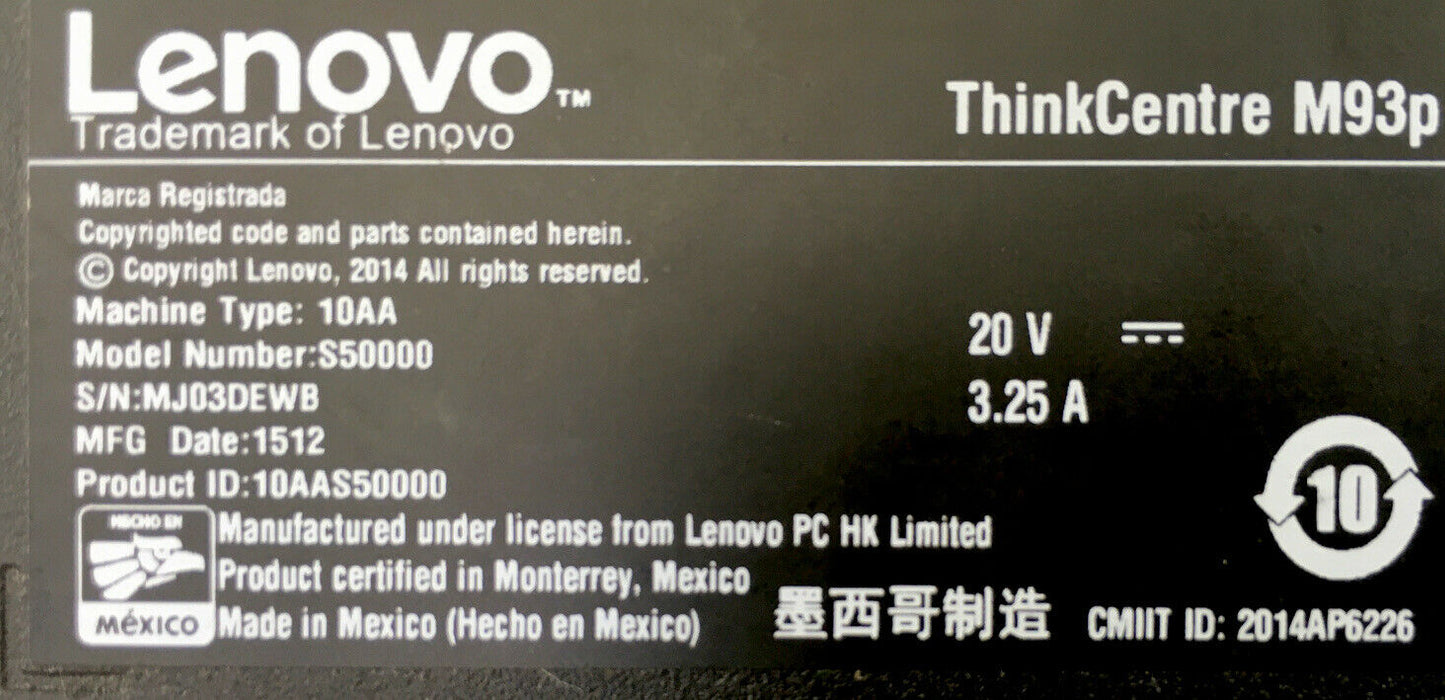 Lenovo ThinkCentre m93p Tiny, USFF, 8G/240G SSD i5-4570T 2.9Ghz, Win 10 Pro