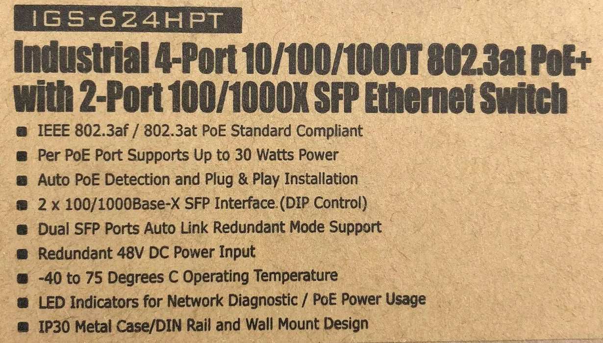 IGS-624HPT IP30 Rugged PoE+ Switch 4-Port 10/100/1000Base-TX IEE802.3at Gigabit