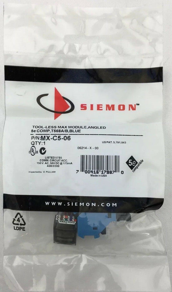 Siemon MX-C5-06 tool-less max module angled 5e comp T568A/B Blue