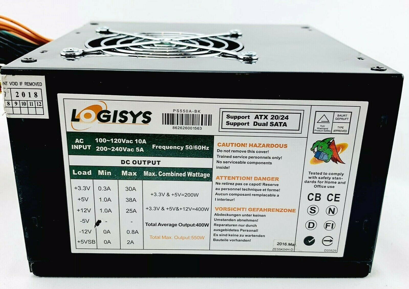 Logisys PS550A-BK Power Supply 550W Desktop Computer PSU ATX Dual Fan Switching
