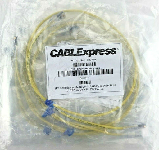 10 Pack CABLExpress 300759 3ft Mini Cat6 RJ45 568B Slim Clear Boot Yellow Cable