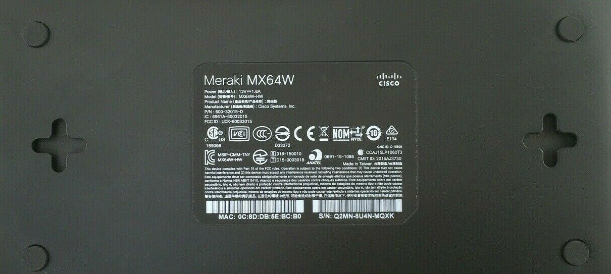 Cisco Meraki MX64W Cloud Managed Wireless Security Appliance SD-WAN 600-32015-D