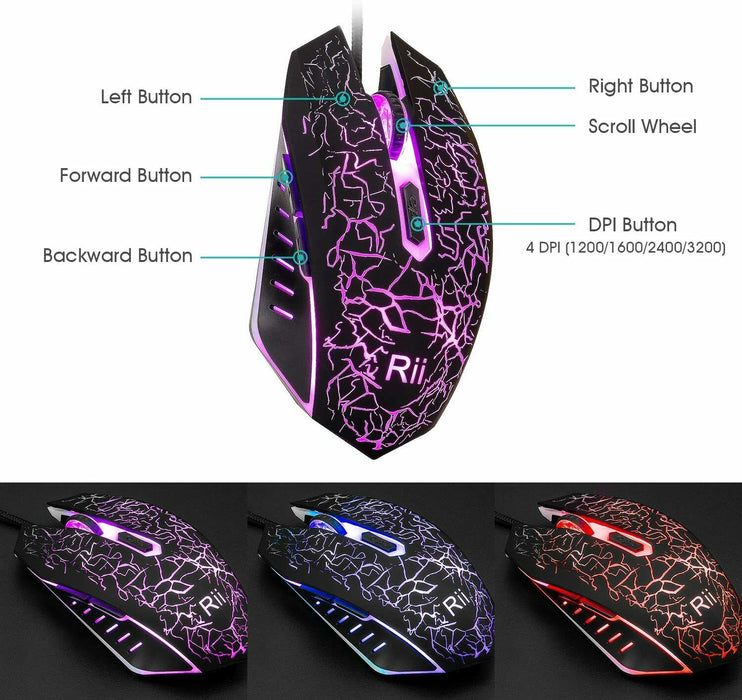 Rii Gaming Keyboard and Mouse Combo Colorful LED Backlit Multimedia RK108 RM108