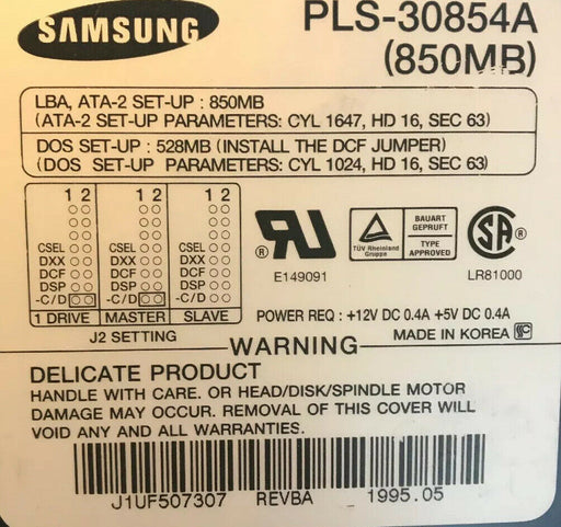 Vintage 850MB HDD SAMSUNG Original ATA-2 Hard Drive PLS-30854A